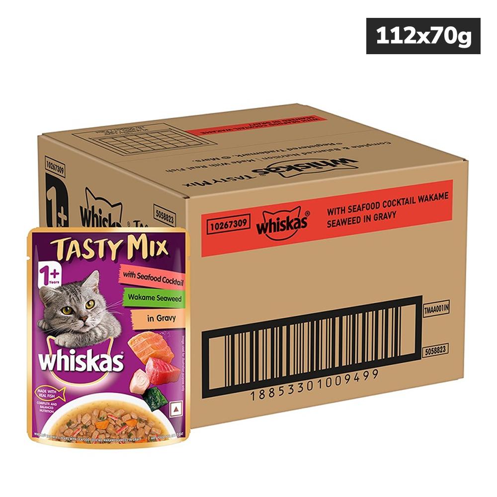 Whiskas Seafood Cocktail With Wakame Seaweed in Gravy Tasty Mix Adult Cat Wet Food Cats-Wet Food Whiskas 112x70g