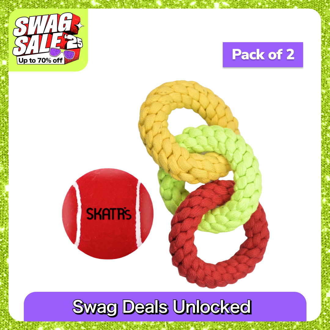 Skatrs Tennis Ball for Dogs and Triple Ring Rope Chew Toy for Dogs and Cats Combo Both-Toys Skatrs Pack of 2