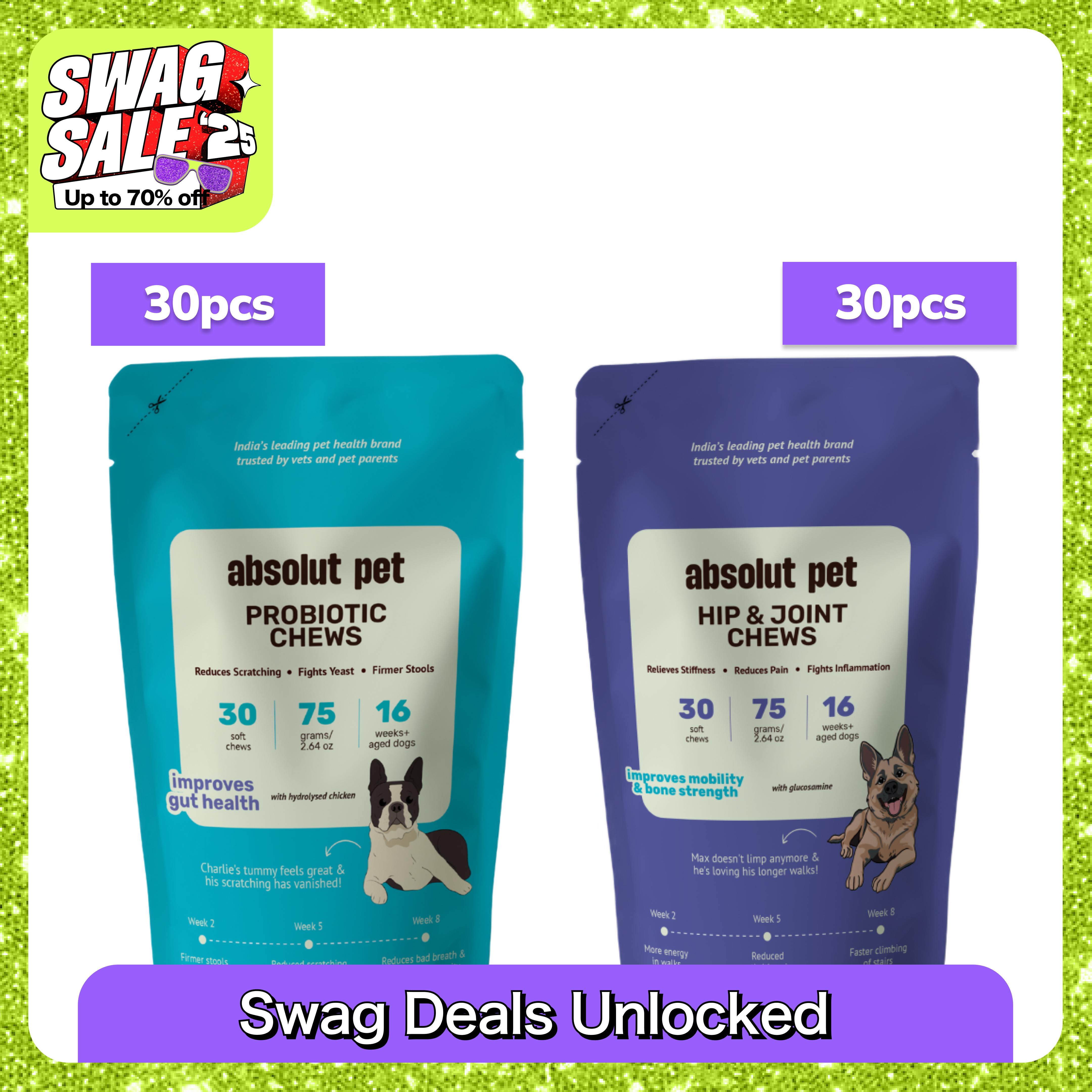 Absolut Pet Probiotics Gut & Hip and Joint Care Health Dog Supplement Combo Dogs-Health & Wellness Absolut Pet 30pcs+30pcs