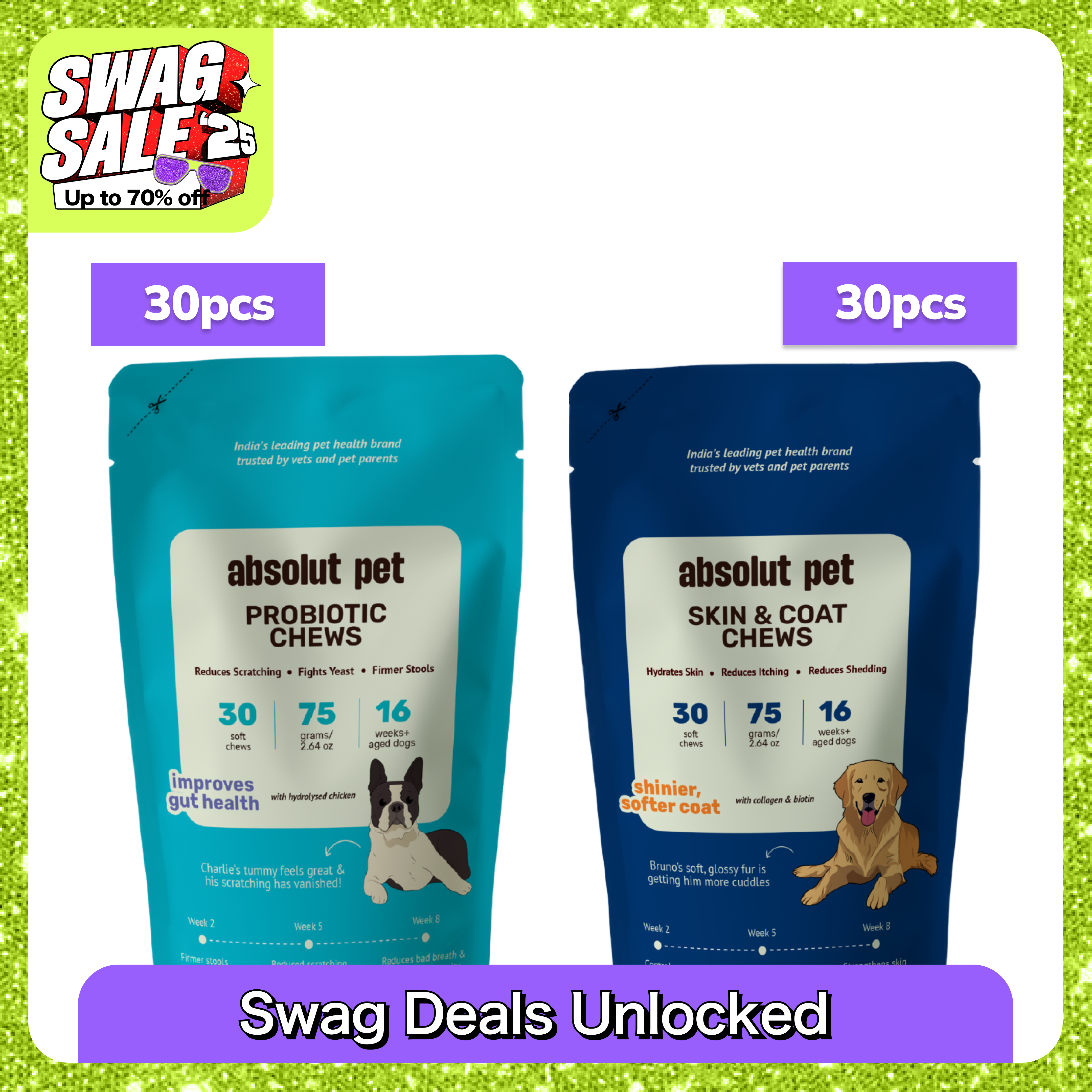 Absolut Pet Probiotics Gut Skin Coat Support Collagen and Biotin Health Dog Supplement Dogs-Health & Wellness Absolut Pet 30pcs+30pcs
