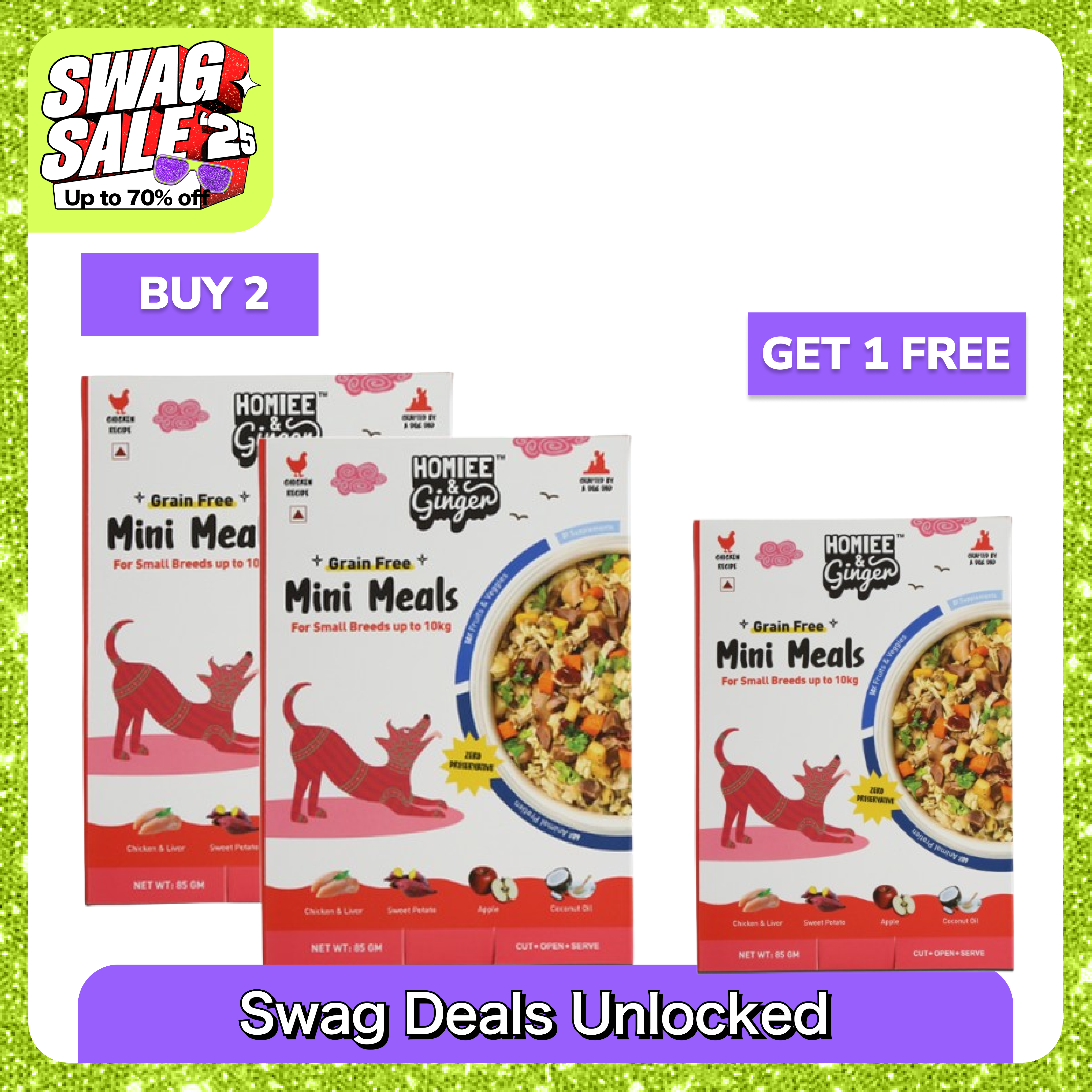 Homiee & Ginger Grain Free Mini Meals Chicken & Sweet Potato Fresh Food for Dogs (Buy 2 Get 1 Free) Dogs-Wet Food Homiee & Ginger 2x85g +85gFree