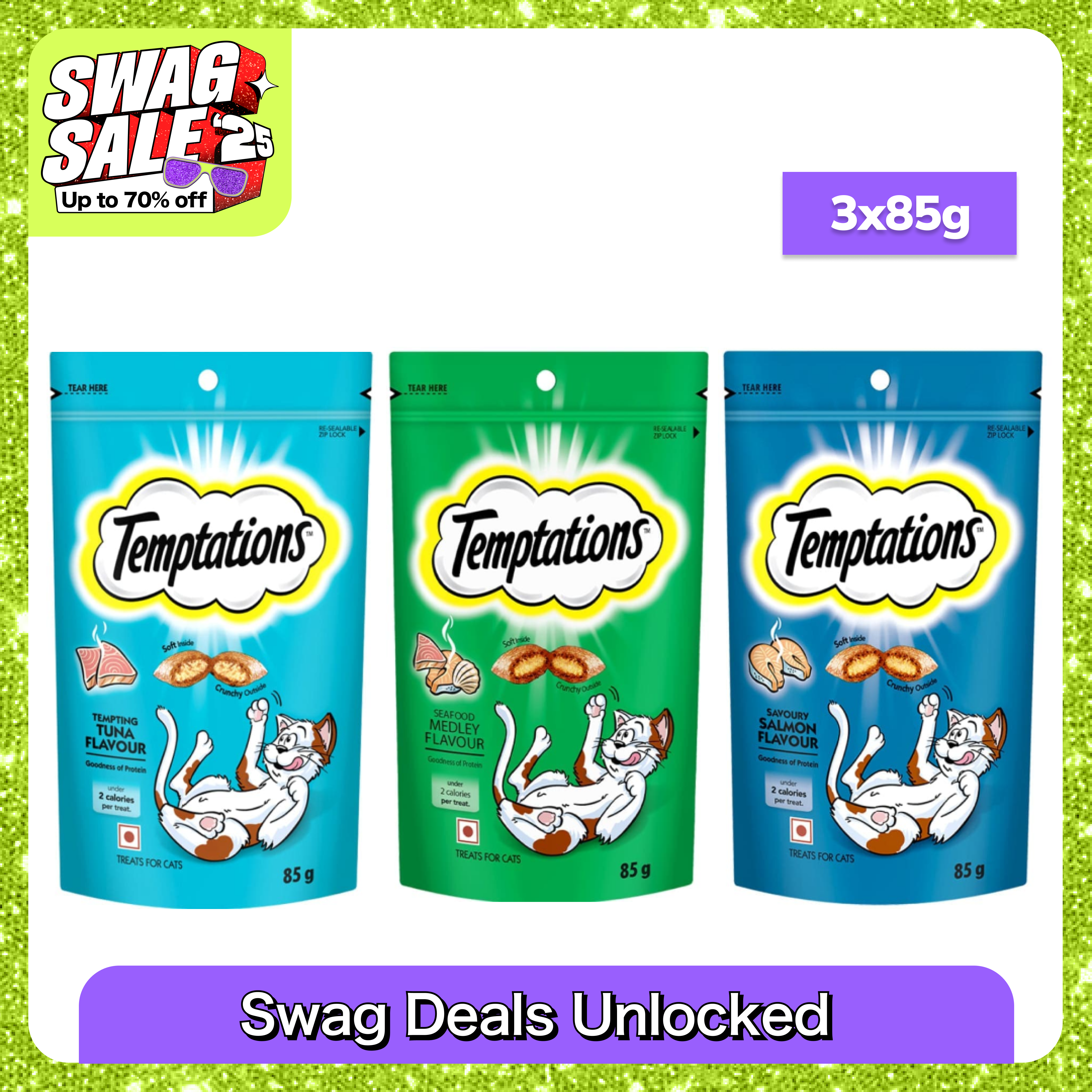 Temptations Savoury Salmon, Seafood Medley and Tempting Tuna Flavour Cat Treats Combo Cats-Treats & Others Temptations 3x85g