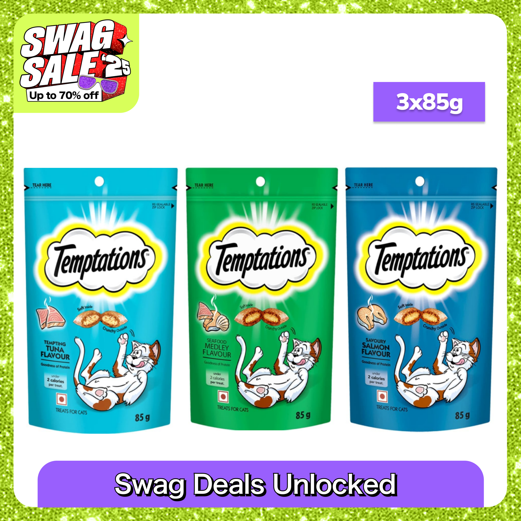 Temptations Savoury Salmon, Seafood Medley and Tempting Tuna Flavour Cat Treats Combo Cats-Treats & Others Temptations 3x85g