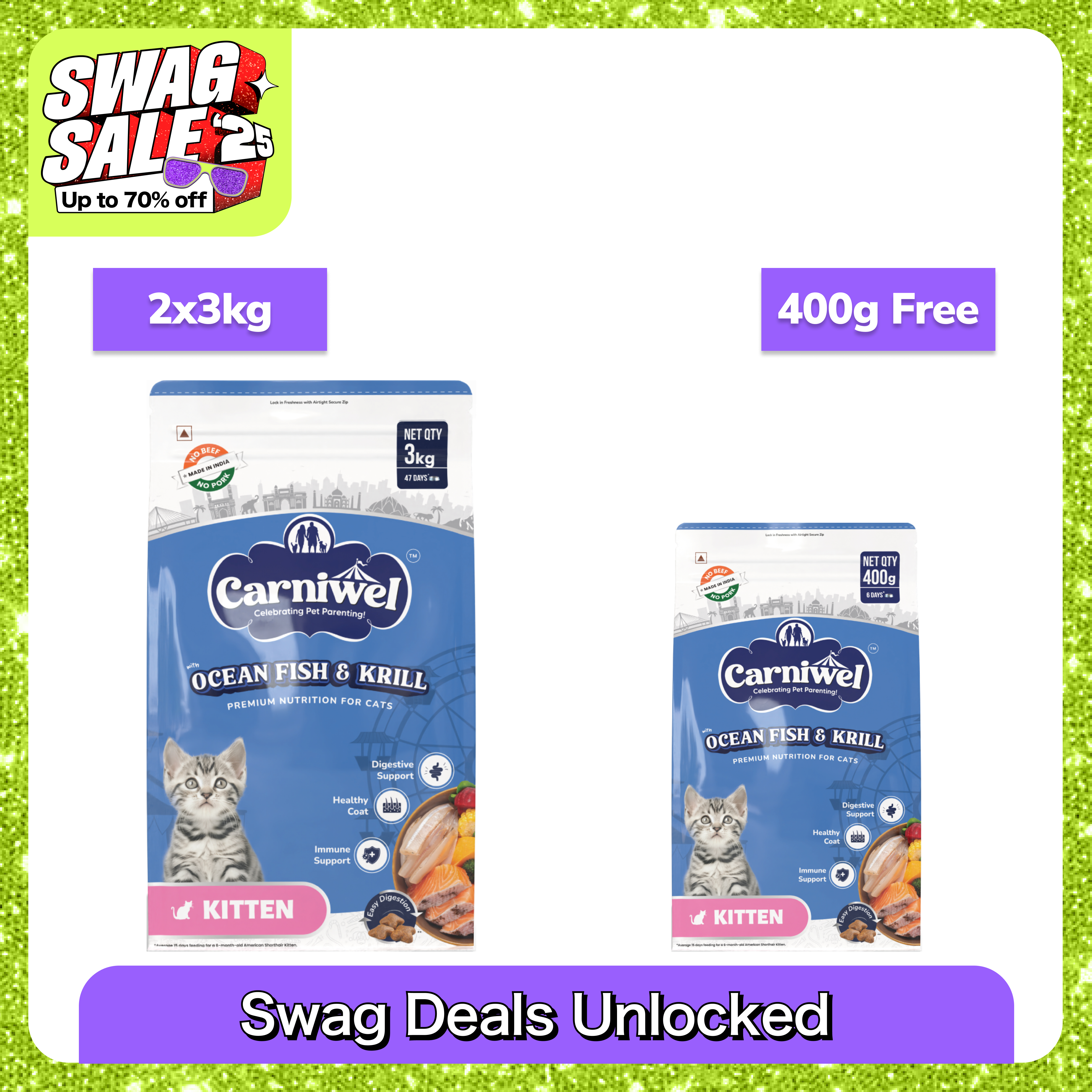Carniwel Ocean Fish and Krill For Kitten Cat Dry Food Cats- Dry food Carniwel 2x3kg+400g (Dry Free)