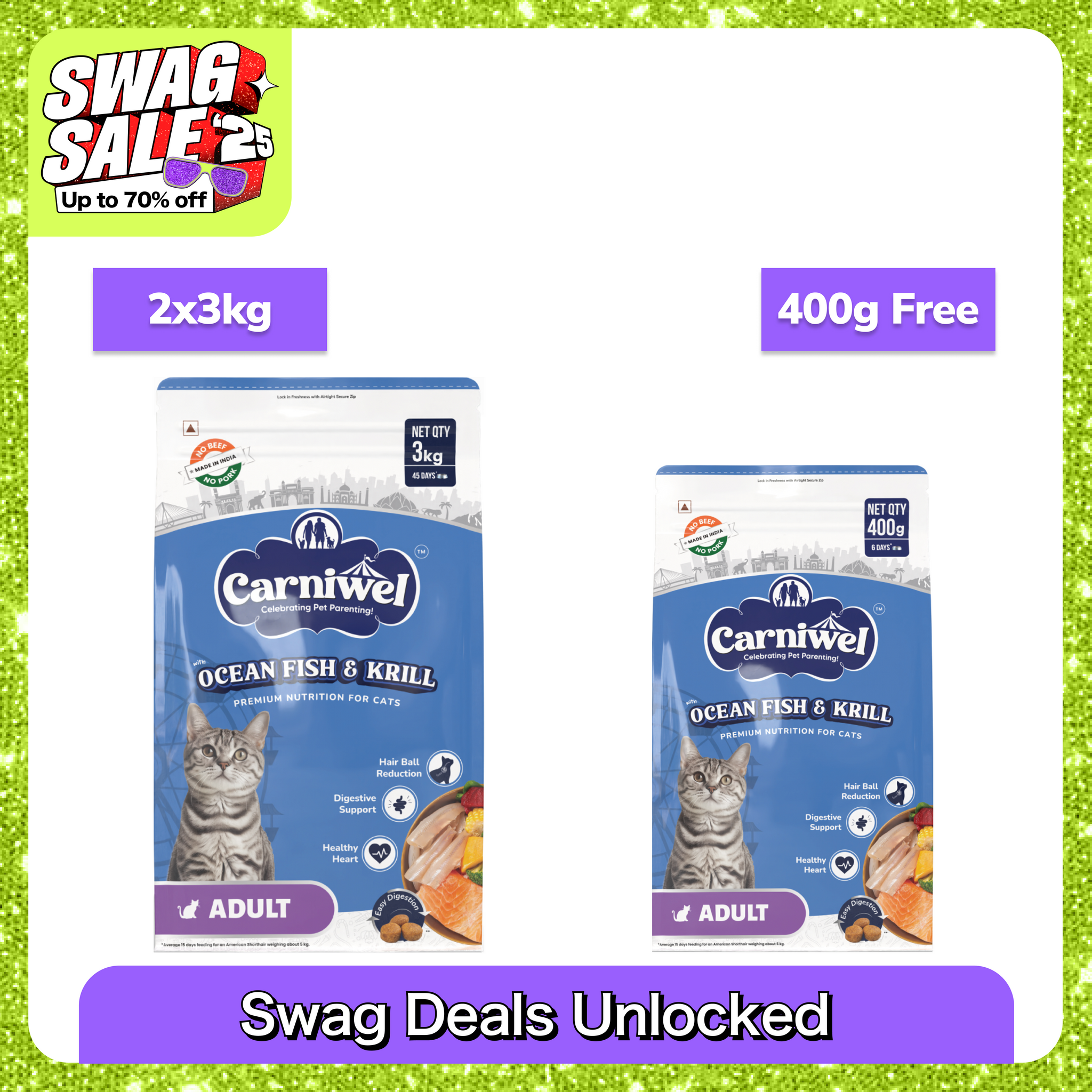 Carniwel Ocean Fish and Krill For Adult Cat Dry Food Cats- Dry food Carniwel 2x3kg+400g (Dry Free)