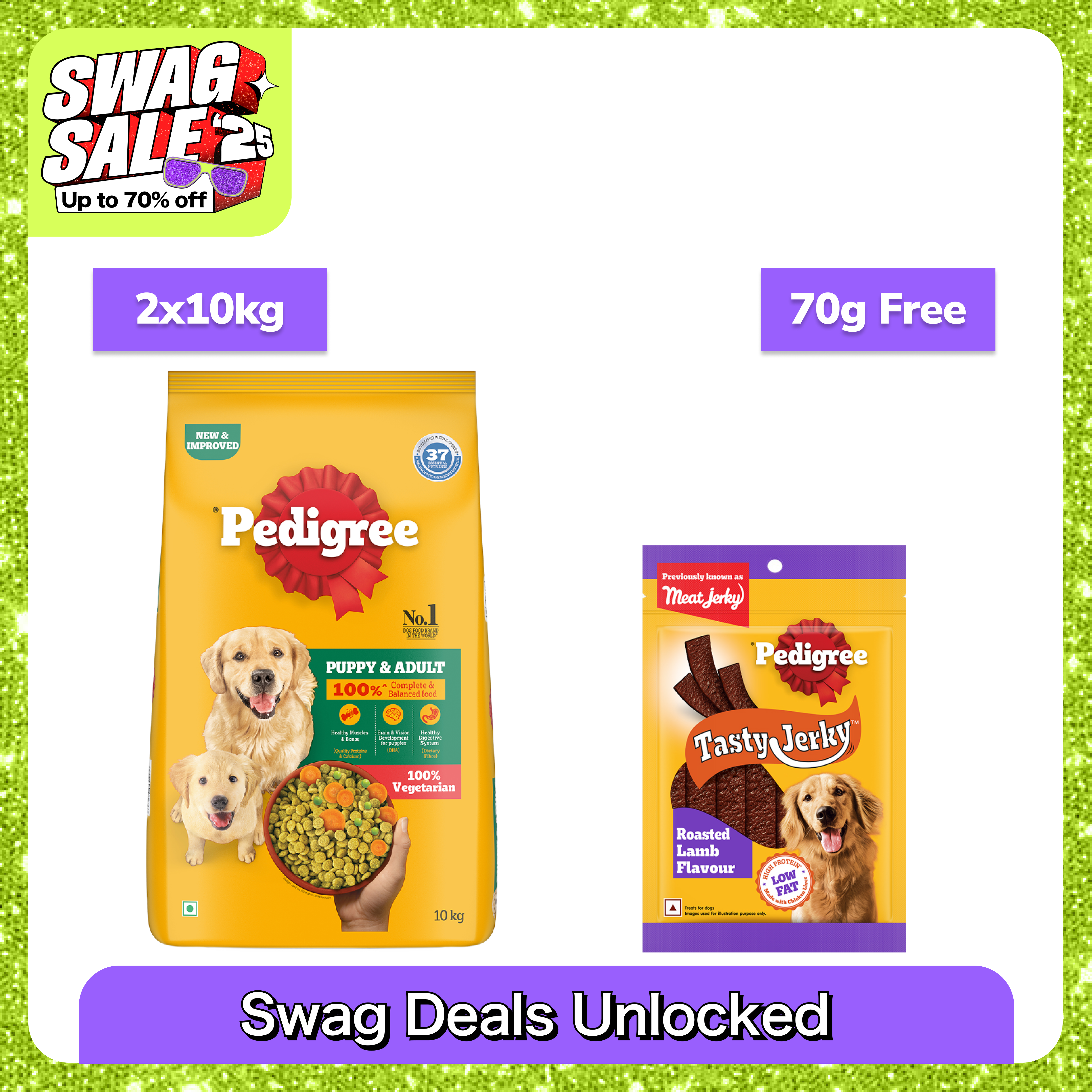 Pedigree 100% Vegetarian Puppy and Adult Veg Dog Dry Food Dogs- Dry Food Pedigree 20kg (2x10kg)+70g (Treat Free)