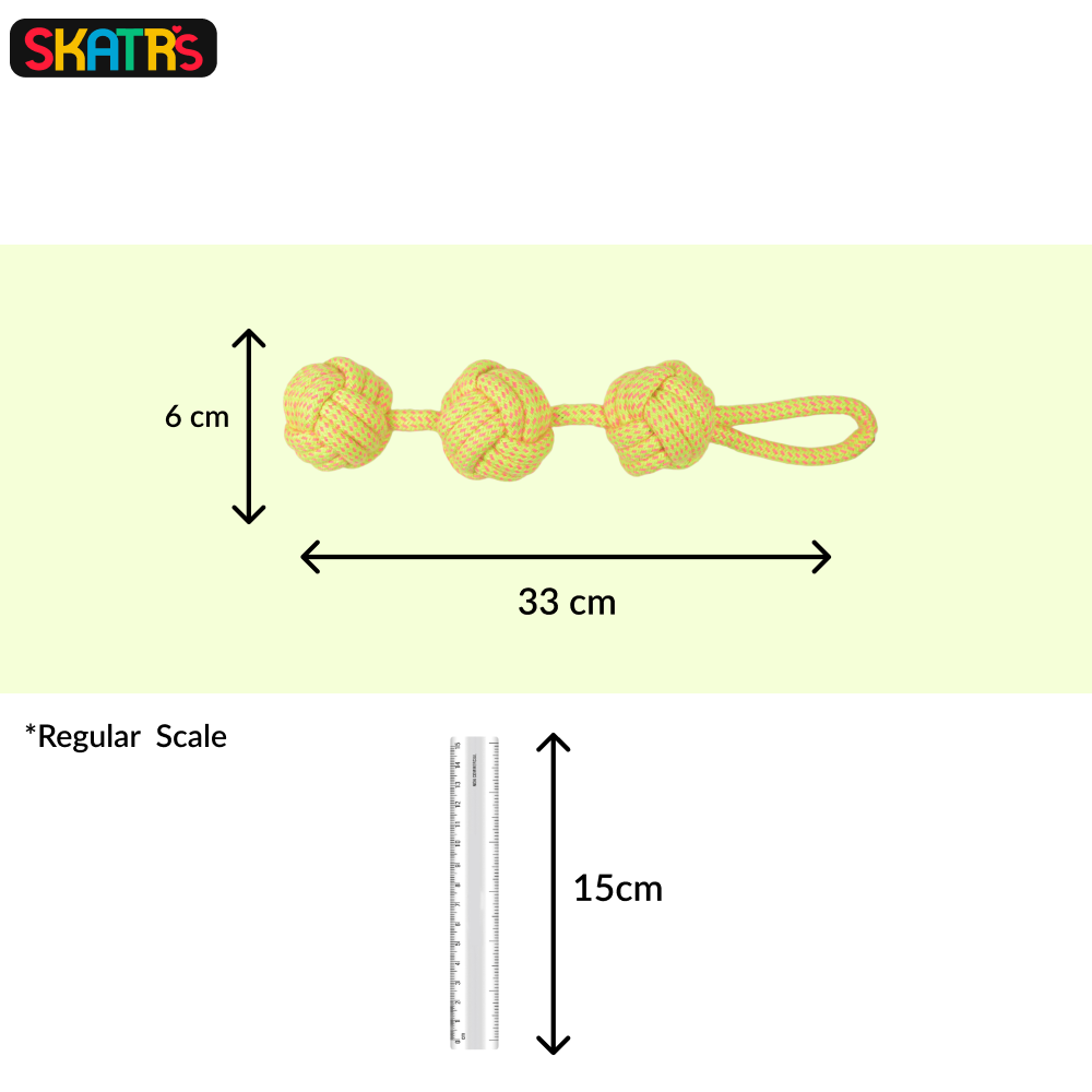 SKATRS 3 Ball Rope Tug Toy for Dogs and Cats (Yellow)
