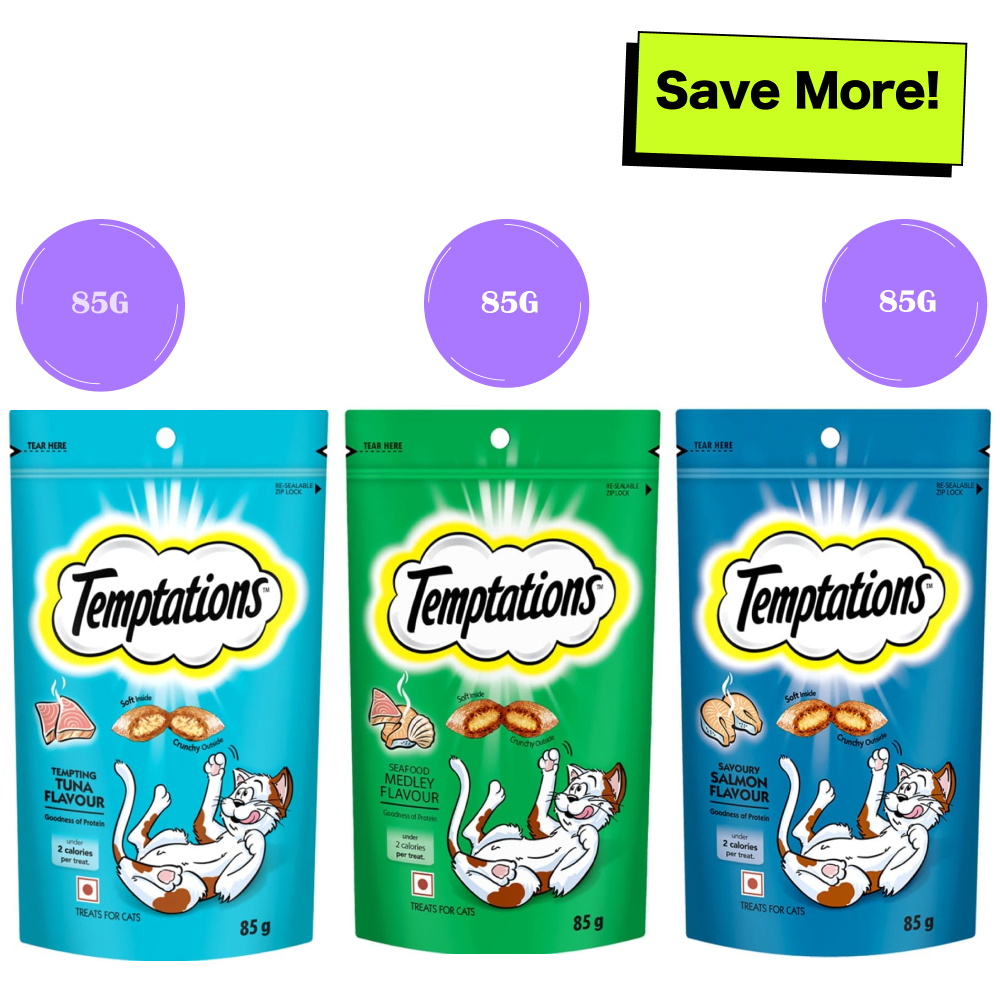 Temptations Savoury Salmon, Seafood Medley and Tempting Tuna Flavour Cat Treats Combo Cats-Treats & Others Temptations 3x85g