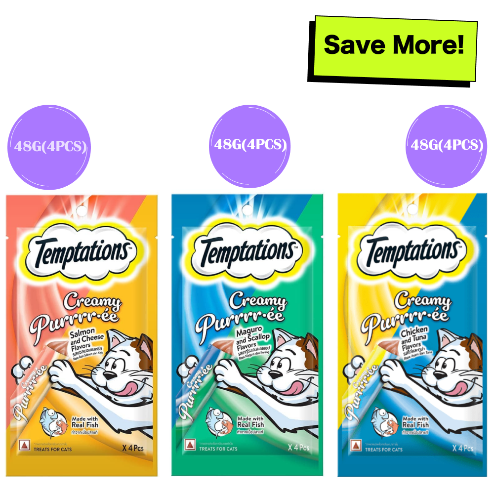 Temptations Purrrr ee Chicken & Tuna, Salmon & Cheese, Maguro & Scallop Cat Treats Combo Cats-Treats & Others Temptations 3x48g (12pcs)