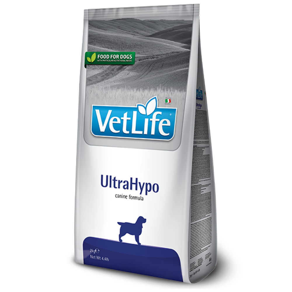 Farmina Vet Life UltraHypo Canine Formula Adult Dog Dry Food is a complete dietetic food for dogs formulated for the reduction of alimentary intolerance to ingredients and nutrients for dogs suffering from alimentary allergies and atopies. 