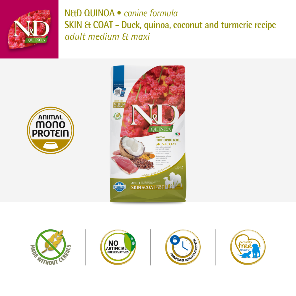 Farmina N&D Quinoa Duck Coconut & Turmeric Skin & Coat Grain Free Adult Medium & Maxi Dog Dry Food