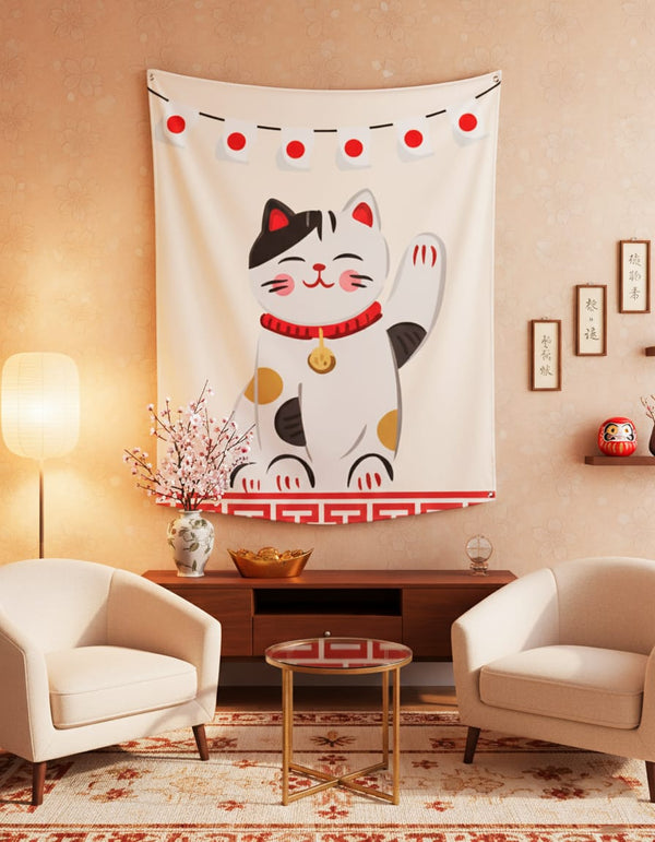 EverythingBoho Maneki Neko Good Luck Cat Japanese Tapestry Wall Art
