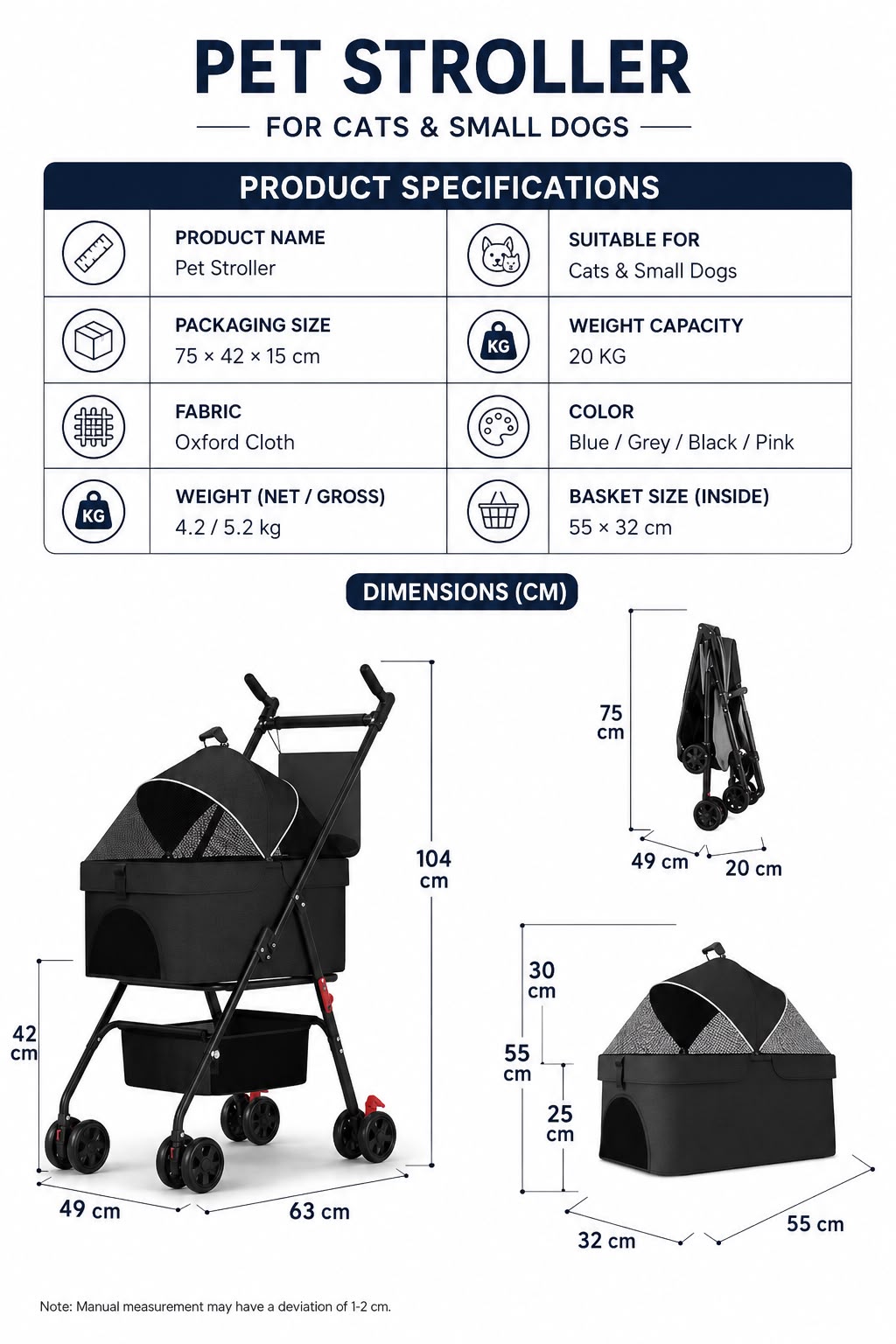 Skatrs Portable Pet Stroller for Small & Medium Dogs and Cats (Grey) Both-Bedding, Mats & Travel Supplies Skatrs