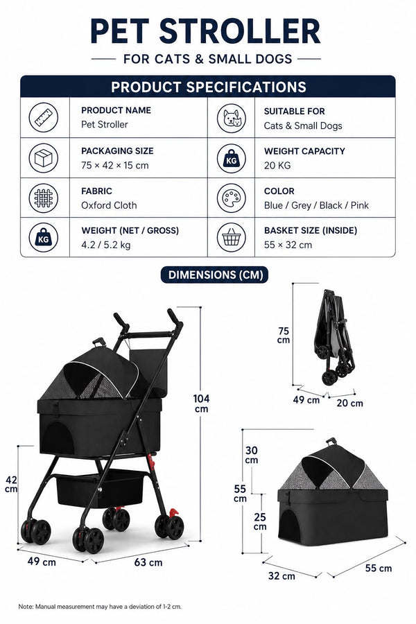 Skatrs Portable Pet Stroller for Small & Medium Dogs and Cats (Grey)