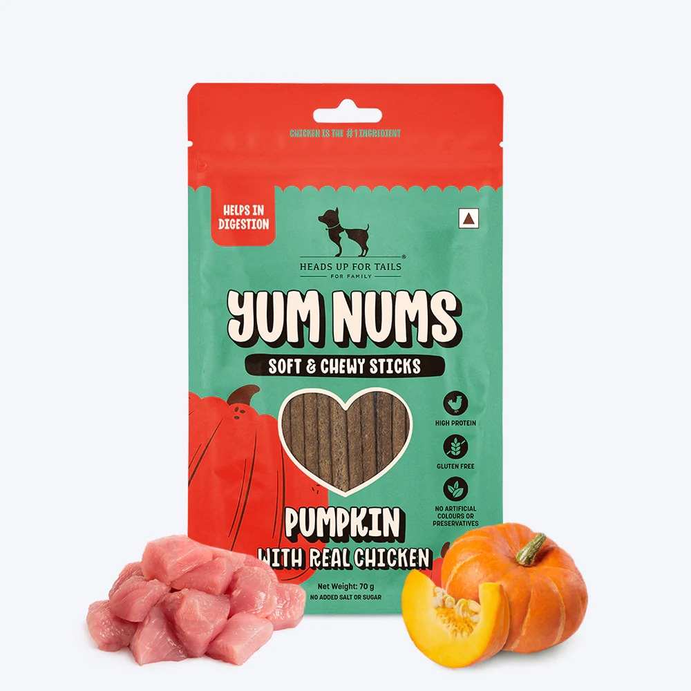 HUFT Yum Nums Pumpkin with Real Chicken Soft and Chewy Grain Free Sticks Treat for Dogs Dog Treats + Others Heads Up for Tails 70g