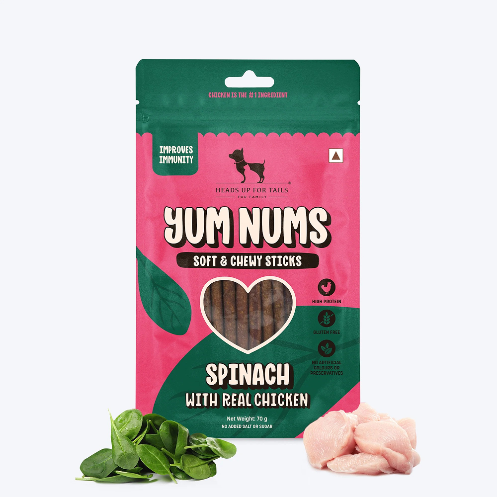 HUFT Yum Nums Soft and Chewy Spinach with Real Chicken Grain Free Stick Treats for Dogs Dog Treats + Others Heads Up for Tails 70g