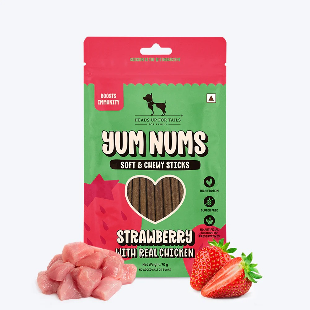 HUFT Yum Nums Soft and Chewy Strawberry with Real Chicken Grain Free Sticks Treats for Dogs Dog Treats + Others Heads Up for Tails 70g