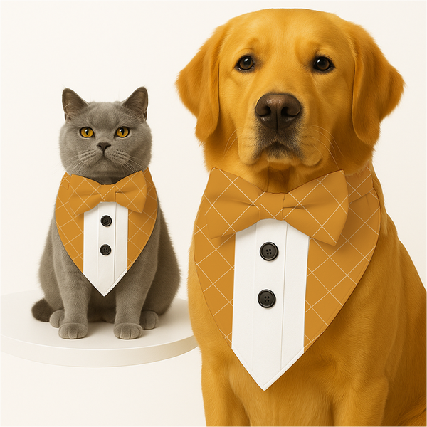 PawsIndia Mustard  Checks Pattern Tuxedo Bandana with Matching Bow for Dogs and Cats