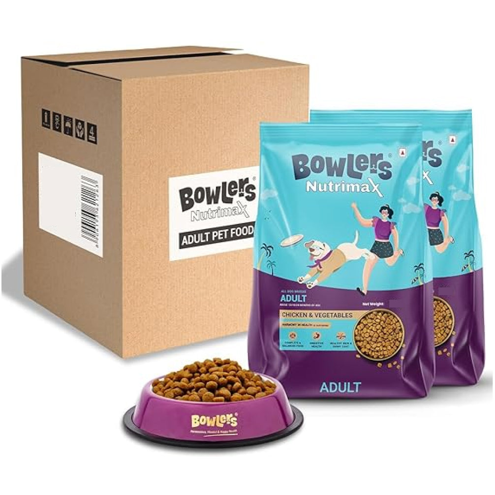 Bowlers Nutrimax Chicken and Vegetables Adult Dog Dry Food Dogs- Dry Food Bowlers 2x1.2kg + 400ml Bowl Free