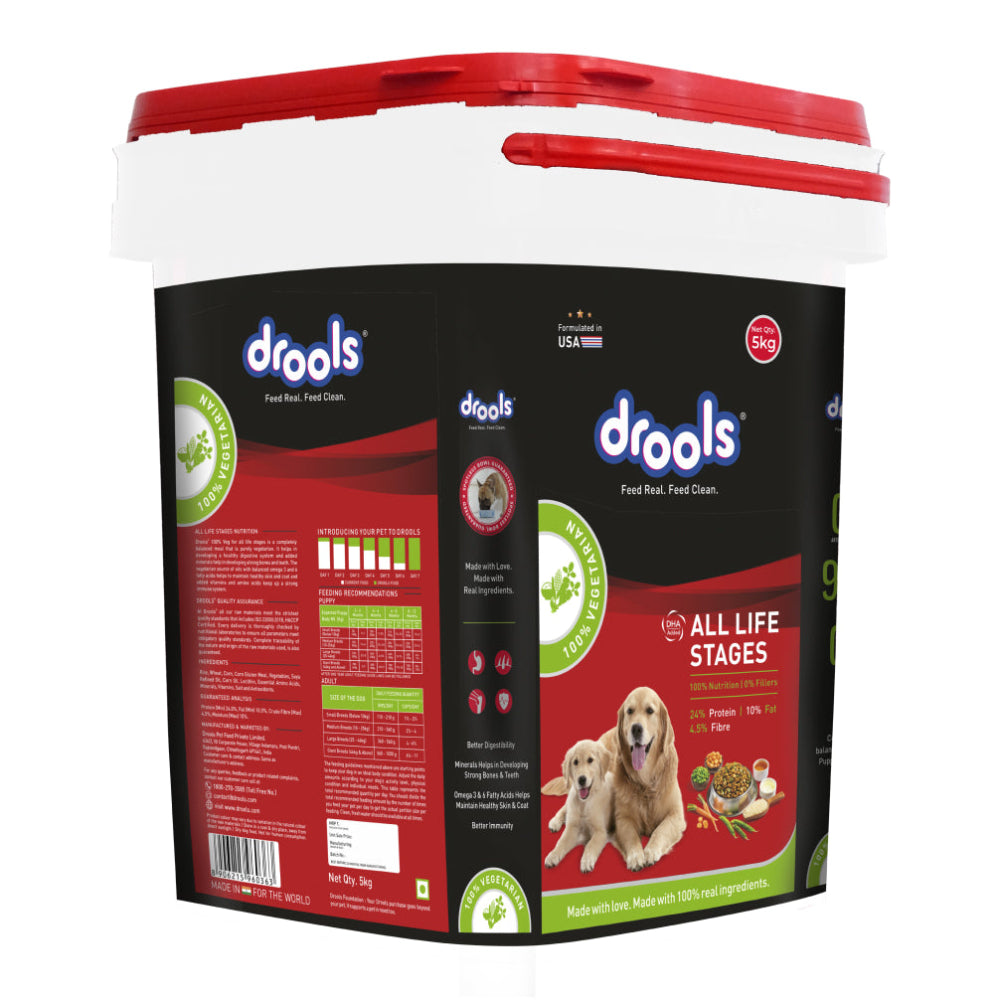 Drools 100% Vegetarian Puppy and Adult Dog Veg Dry Food (All Life Stages) Dogs- Dry Food Drools 5kg