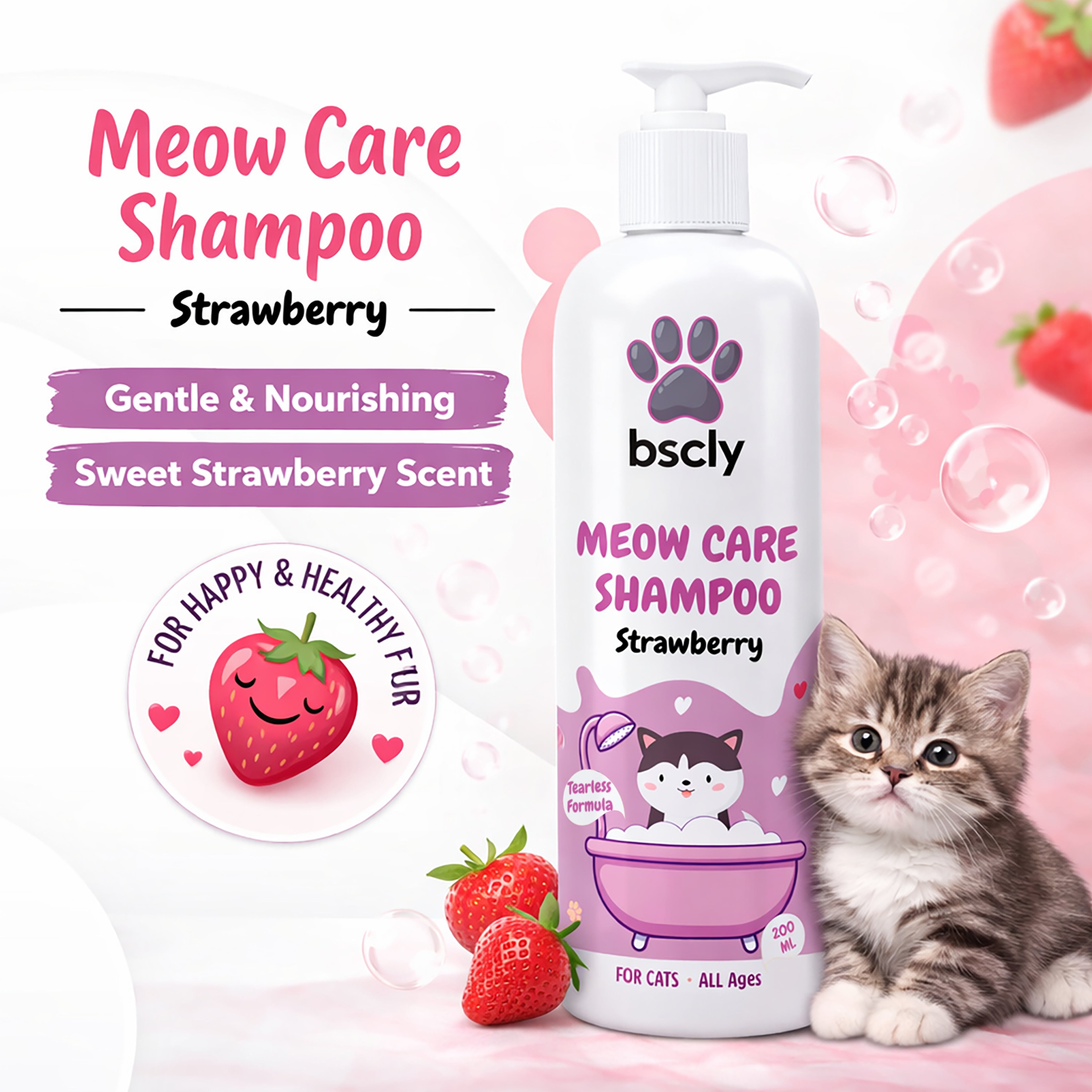 Bscly Strawberry Meow Care Shampoo for Cats Cats-Grooming Supplies Bscly