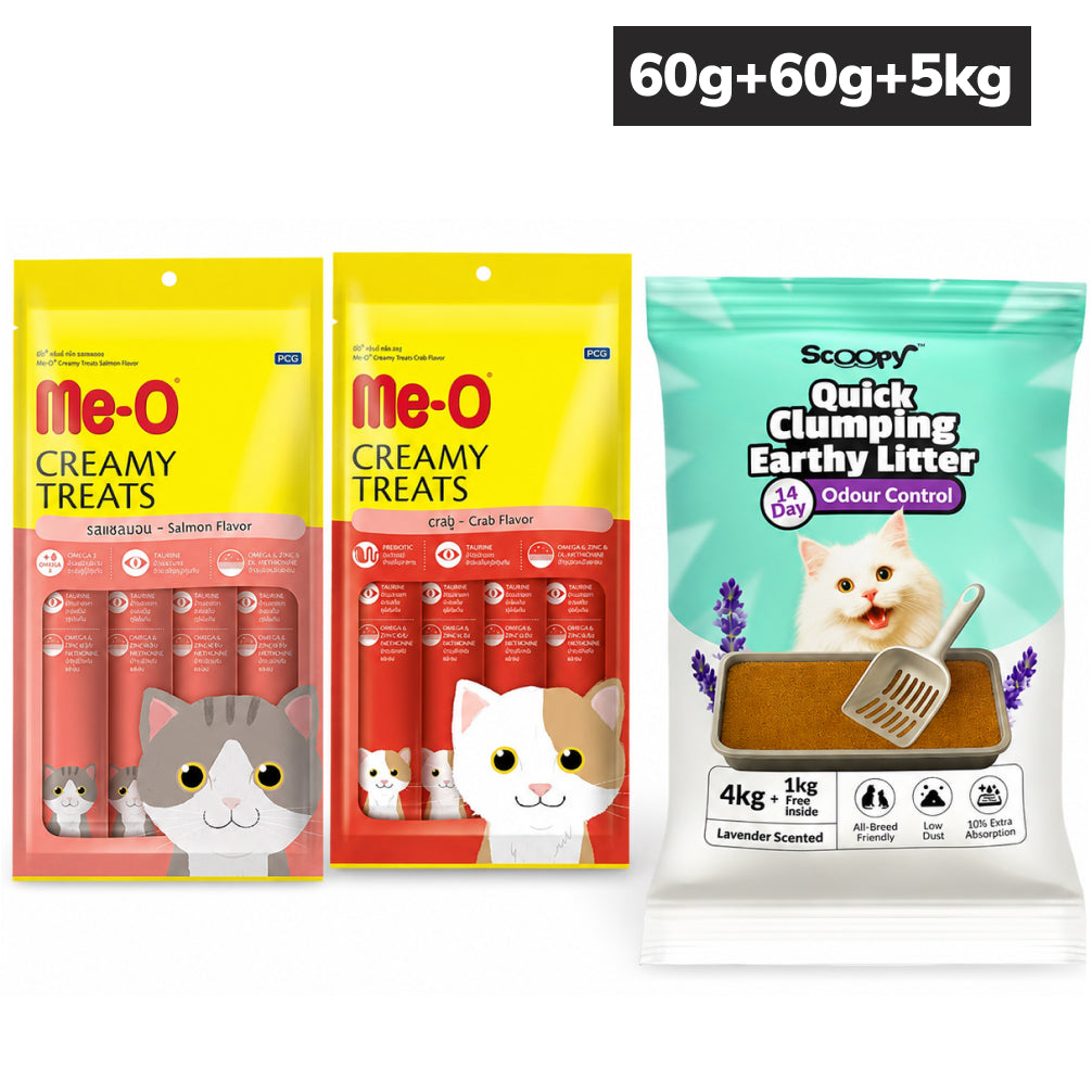 Me O Creamy Crab & Salmon Treats with Scoopy Lavender Litter Combo for Cats Exclusive Combo Exclusive Combo 2x60g+5kg