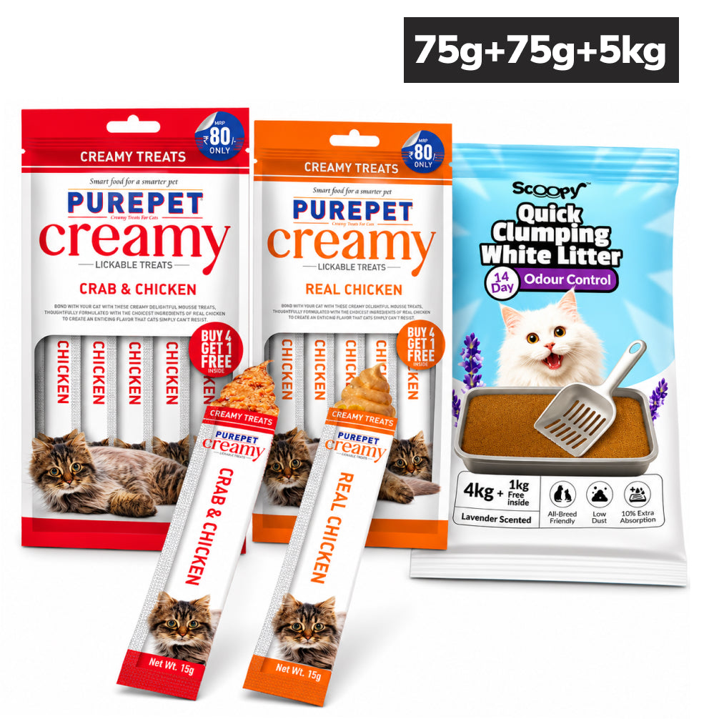 Purepet Crab, Chicken Lickable Treats with Scoopy Lavender Bentonite Litter Combo for Cats Exclusive Combo Exclusive Combo 3x75g