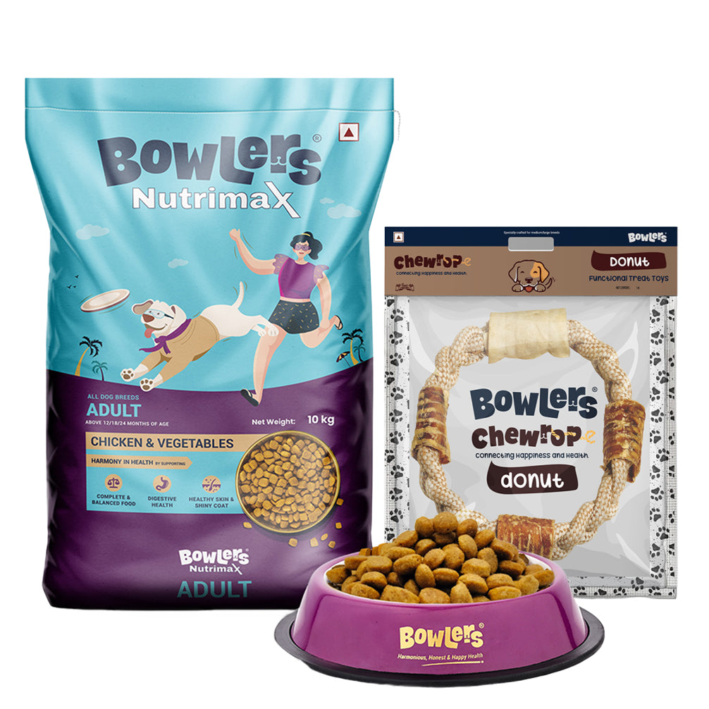 Bowlers Nutrimax Chicken and Vegetables Adult Dog Dry Food Dogs- Dry Food Bowlers 10kg+230g(Chewrope Free)