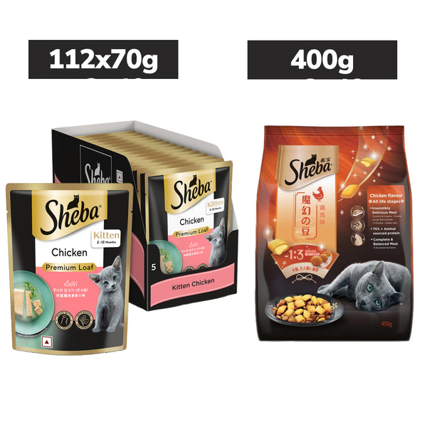 Sheba Chicken Loaf Rich Premium Kitten (2 to 12 Months) Fine Wet Food and Irresistible All Life Stage Cat Dry Food Combo