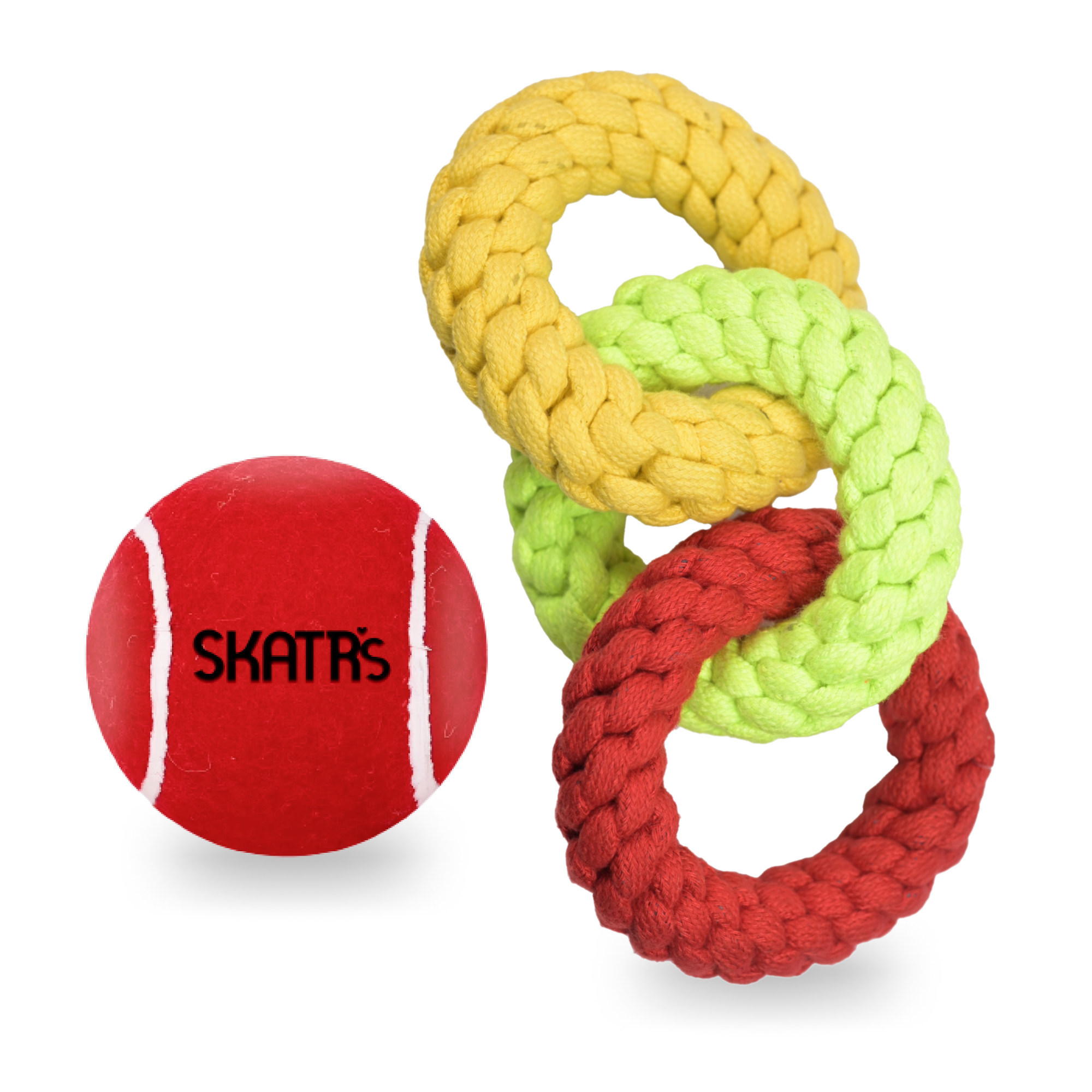 Skatrs Tennis Ball for Dogs and Triple Ring Rope Chew Toy for Dogs and Cats Combo Both-Toys Skatrs
