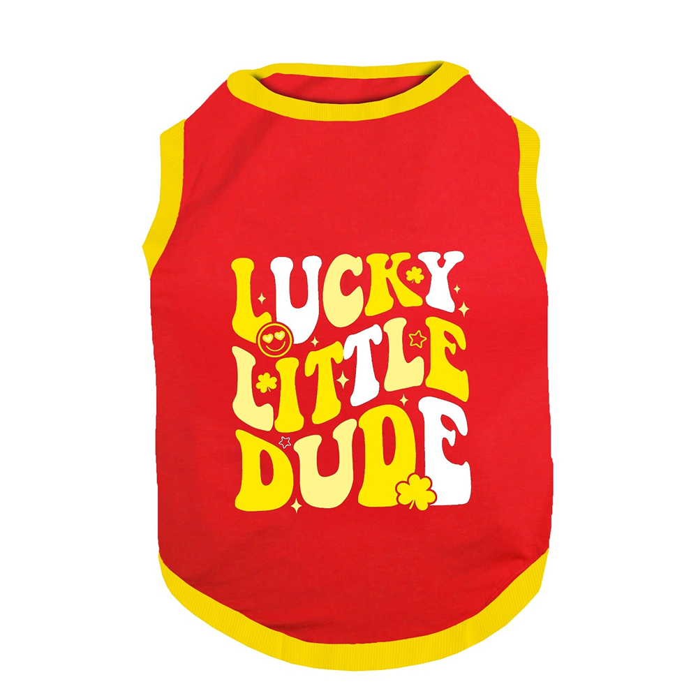 PawsIndia Lucky Little Dude Printed with Ribbed Sleeves TShirt for Dogs (Red) Dogs-Clothing & Accessories Pawsindia Dropship
