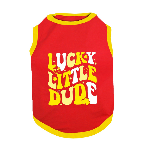 PawsIndia Lucky Little Dude Printed with Ribbed Sleeves TShirt for Dogs (Red)