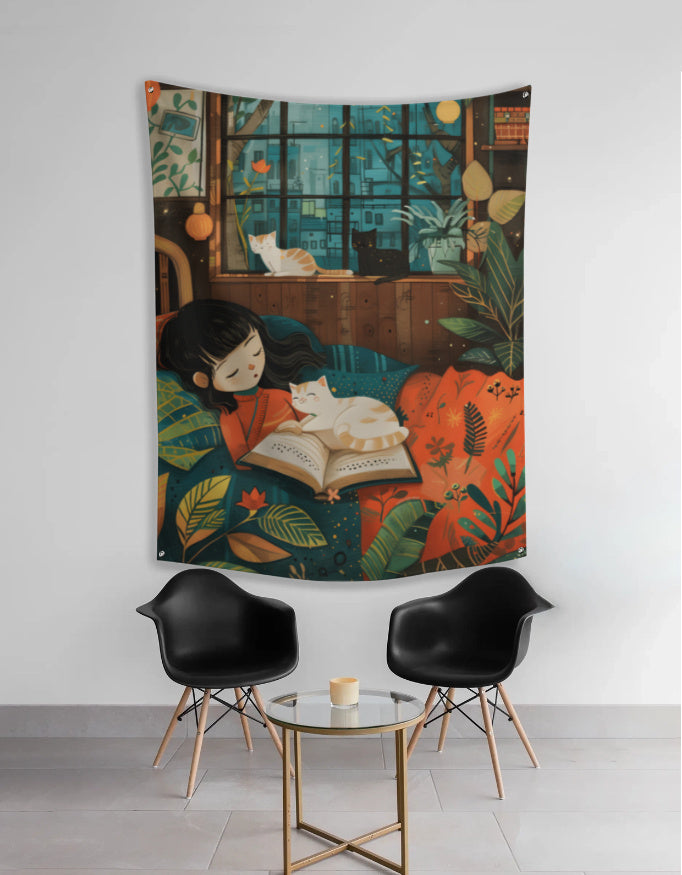 EverythingBoho Girl & Cat Reading Corner Tapestry Wall Art Pet Parent-Gifting & Merch EverythingBoho Dropship