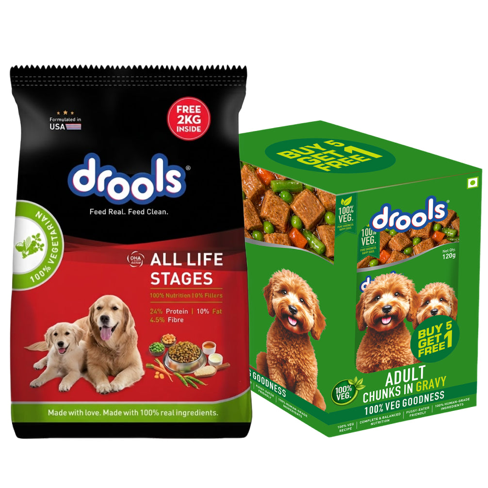Drools 100% Vegetarian Puppy and Adult Dog Veg Dry Food (All Life Stages) Dogs- Dry Food Drools 10kg+120g (Dry+Wet Food)