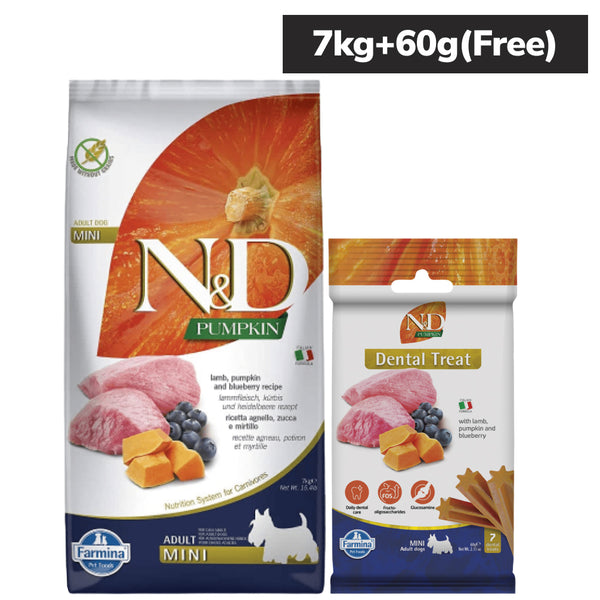 Farmina N&D Pumpkin Lamb & Blueberry Grain Free Dry Food with Treats for Adult Mini Dogs