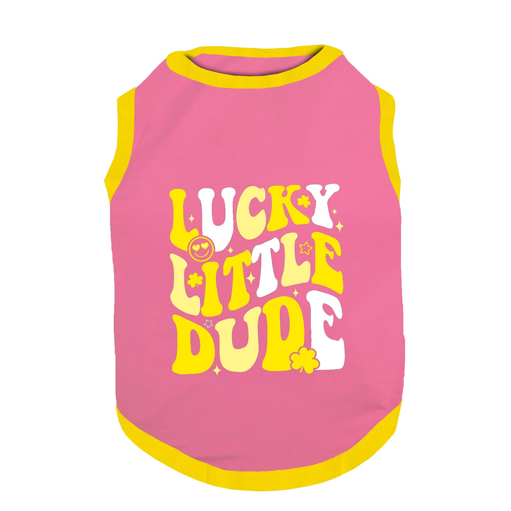 PawsIndia Lucky Little Dude Printed with Ribbed Sleeves TShirt for Dogs (Pink) Dogs-Clothing & Accessories Pawsindia Dropship