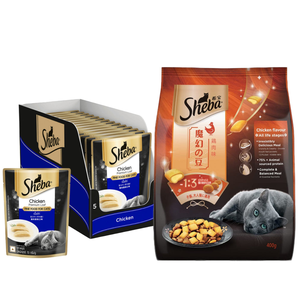 Sheba Chicken Loaf Rich Premium Adult Fine Wet Food and Chicken All Life Stage Cat Dry Food Combo Exclusive Combo Sheba 112x70g + 400g