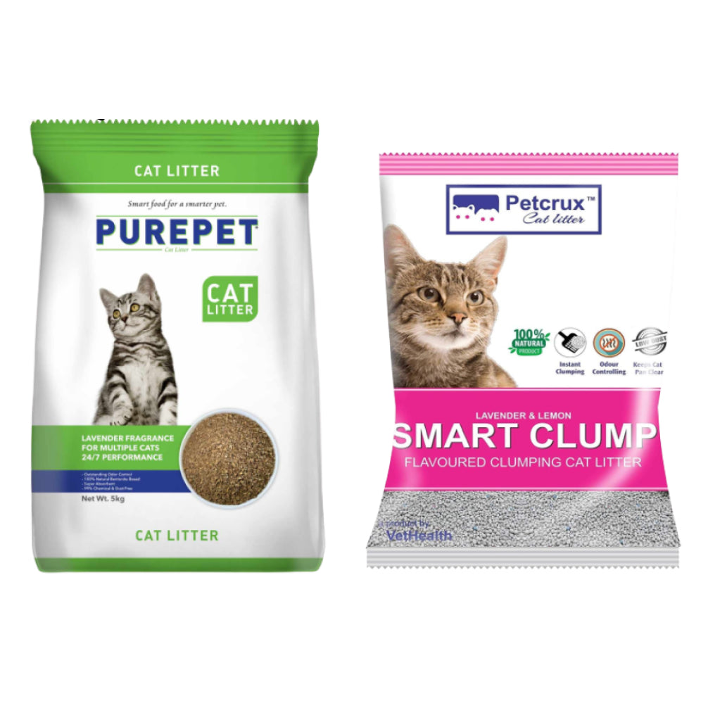 Purepet Lavender Scented and Petcrux Lavender & Lemon Scented Smart Clumping Cat Litter Combo (1+1) Cats-Litter Exclusive Combo 5kg+5kg