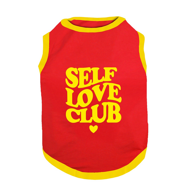 PawsIndia Self Love Club Printed with Ribbed Sleeves TShirt for Dogs (Red)