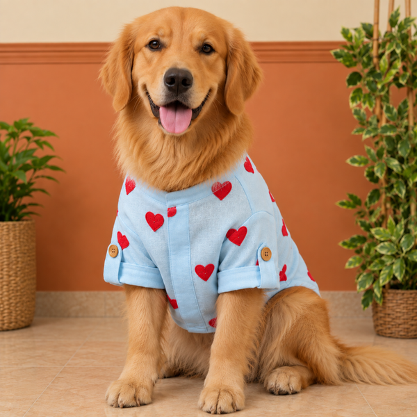 15 Furries Linen Heart Embroidered Kurta for Dogs (Baby Blue)