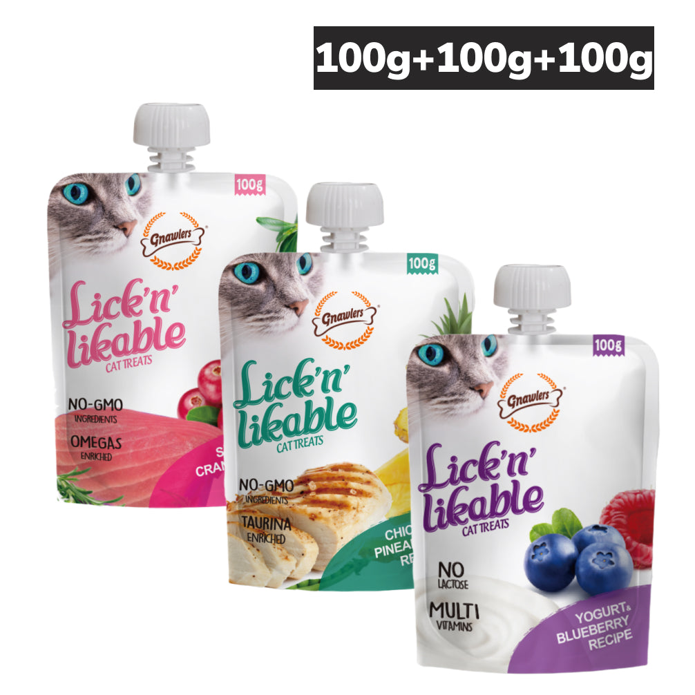 Gnawlers Yogurt, Blueberry, Chicken, Pineapple, Salmon, Cranberry Combo Lick Treats Cat Cats-Treats & Others Gnawlers 3x100g