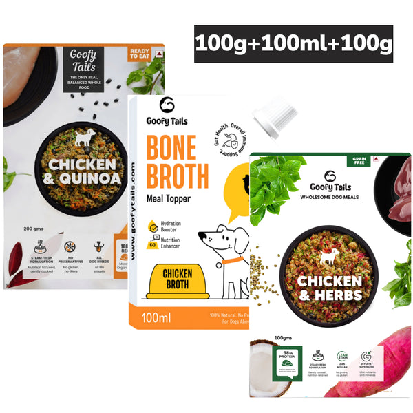 Goofy Tails Chicken & Quinoa and Chicken Bone Broth and Chicken & Herbs Grain Free Combo Dogs and Puppies Fresh Food