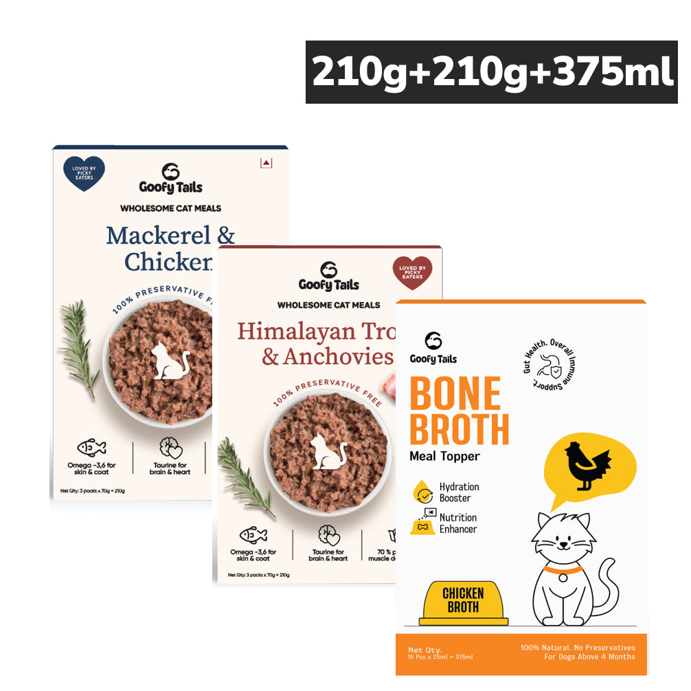 Goofy Tails Mackerel & Chicken and Himalayan Trout & Anchovies Meals and Chicken Bone Broth 375ml Combo for Cats Exclusive Combo Goofy Tails 2x210g+375ml
