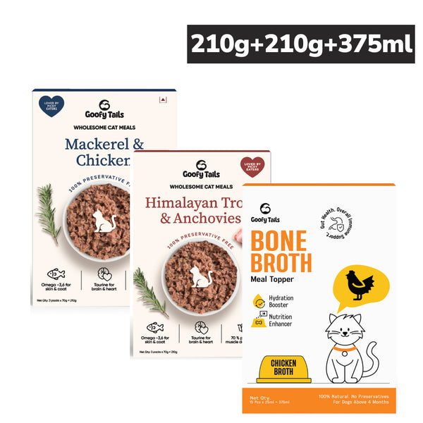 Goofy Tails Mackerel & Chicken and Himalayan Trout & Anchovies Meals and Chicken Bone Broth 375ml Combo for Cats