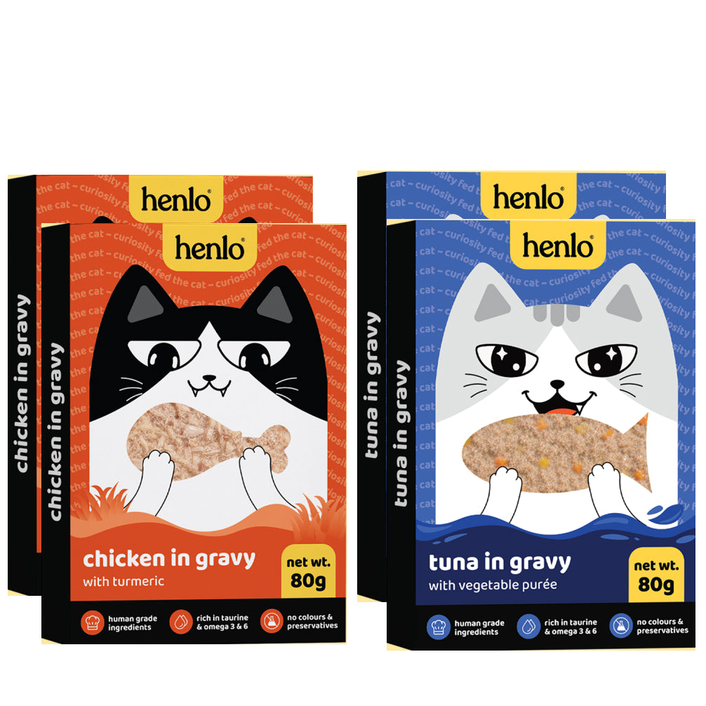 Henlo Chicken in Gravy With Turmeric and Tuna in Gravy with Vegetable Puree Adult Cat Wet Food Combo Cats-Wet Food Henlo 2+2x80g