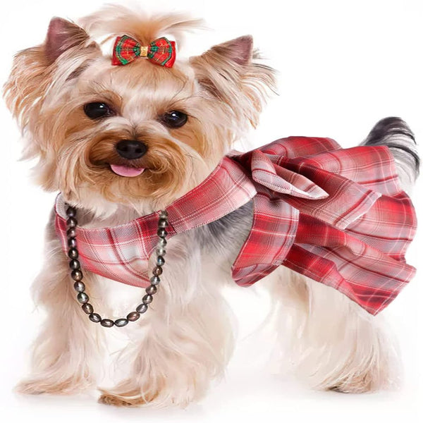 KUTKUT Plaid Dress with Bow Tie Harness Leash Set for Small Dogs & Cats (Red)