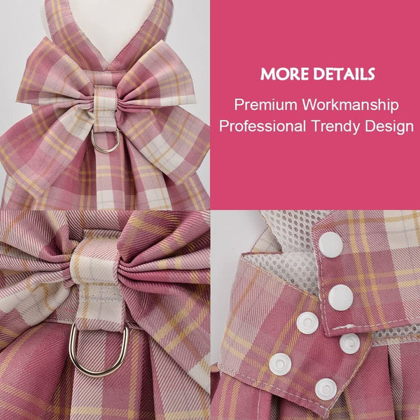 KUTKUT Plaid Dress with Bow Tie Harness Leash Set for Small Dogs & Cats (Pink)