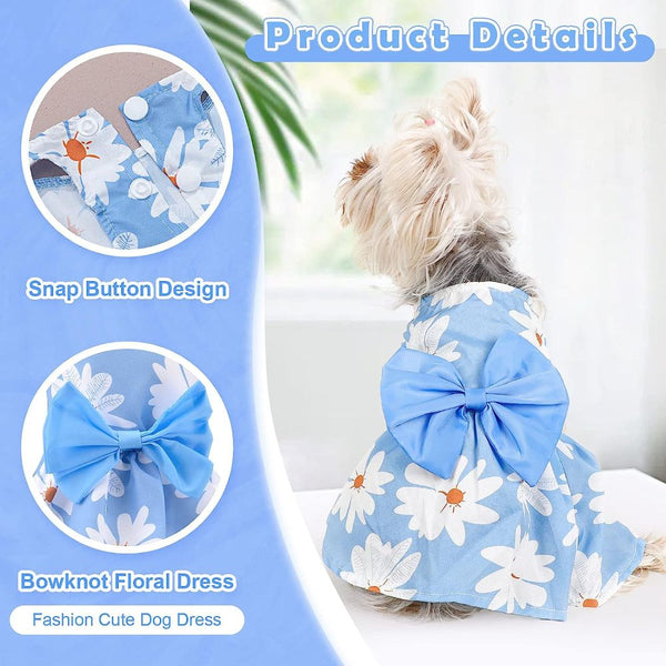 KUTKUT Daisy Patterned Princess Frock with Lovely Bow for Small Dogs and Cats (Blue)