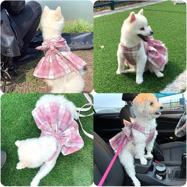 KUTKUT Plaid Dress with Bow Tie Harness Leash Set for Small Dogs & Cats (Pink)