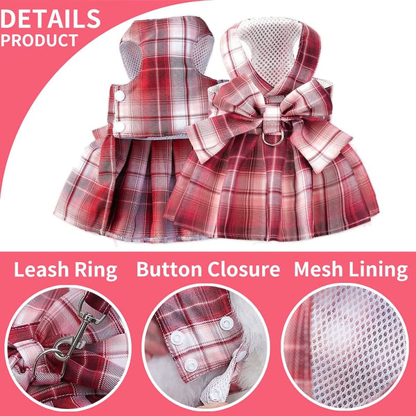 KUTKUT Plaid Dress with Bow Tie Harness Leash Set for Small Dogs & Cats (Red)